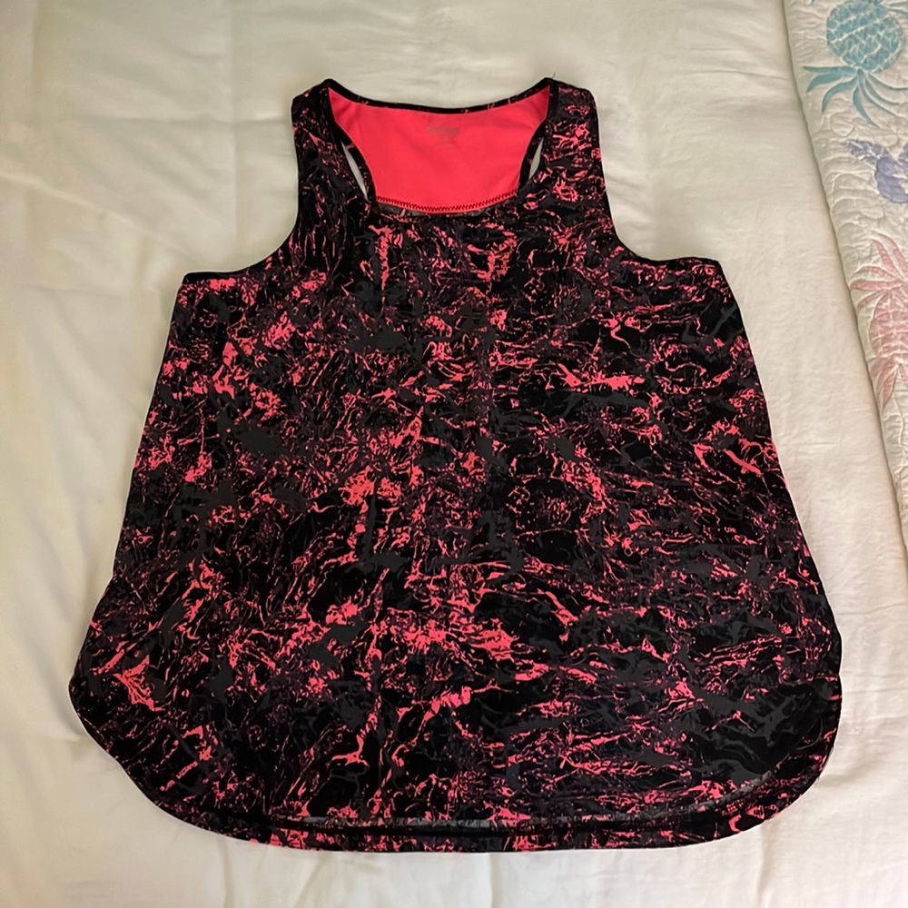Calvin Klein racer back tank EUC-bright pink/black/gray splatter pattern LARGE